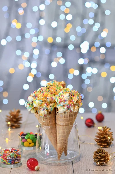 Popcorn Ball Ice Cream Cones Lights — Stock Photo, Image