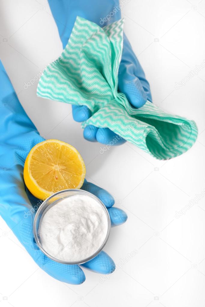 lemon, baking soda and cleaning cloths