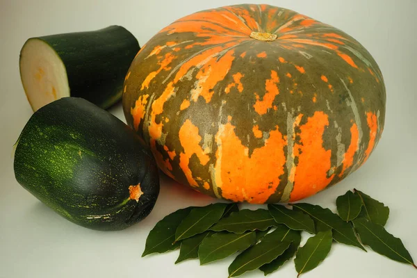 Calabaza naranja madura y calabacín verde maduro sobre un fondo blanco. —  Fotos de Stock