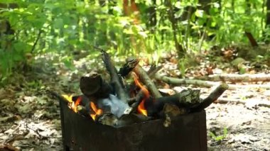 Yakacak odun ve kömür ızgarada yanıyor, doğada barbekü pişiriliyor.. 