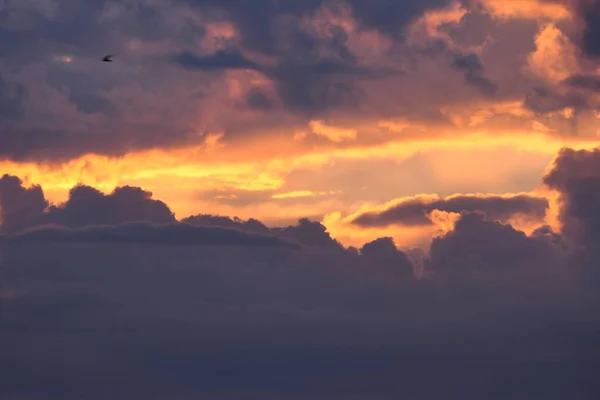 Prachtige zonsondergang boven de stad. Twilight, de zon is aan de horizon.. — Stockfoto