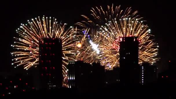 Fuochi Artificio Sullo Sfondo Degli Edifici Della Città Notturna — Video Stock