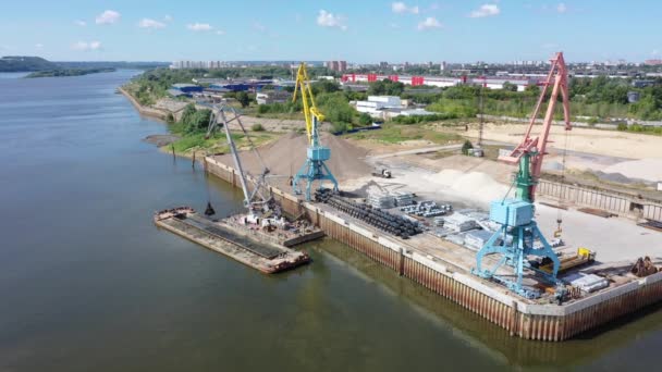 Port Crane Unloads Barge River Port Dredging Works Aerial Photography — Stock Video