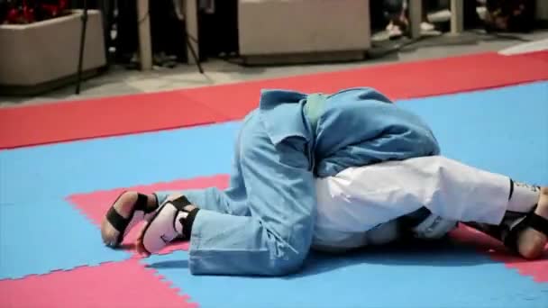 Ringen Sport Sportler Kimonos Und Schutzhelmen Auf Der Tatami Hochwertiges — Stockvideo