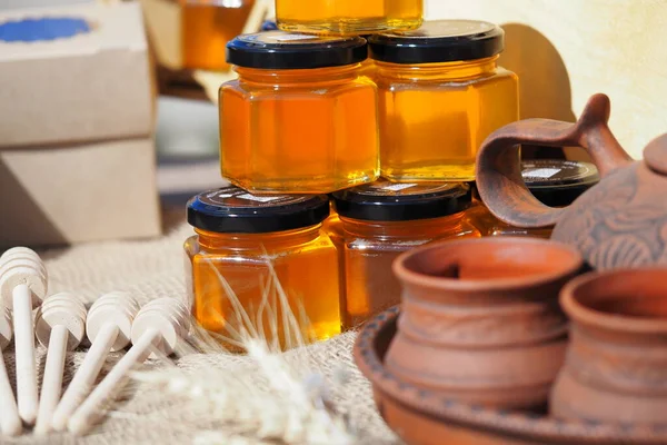 Natural Honey Jars Beautiful Showcase Sale Natural Honey High Quality — Stock Photo, Image