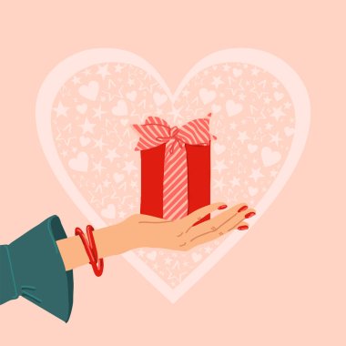 Illustration of person giving, receiving gift package.