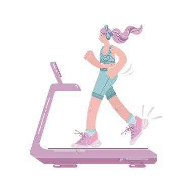 Koşu bandında koşan kız izole edilmiş. Düz biçim illüstrasyonu.