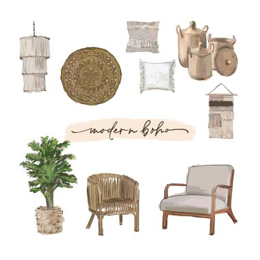 Mobilyaların vektör çizimi. Boho tarzı. El çizimi biçim illüstrasyonu. 