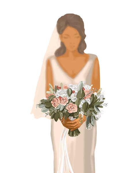 Art sketch of beautiful young bride with the brides bouquet. 