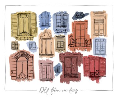 Eski kasaba pencereleri. Klasik mimari tarzının el çizimi. 