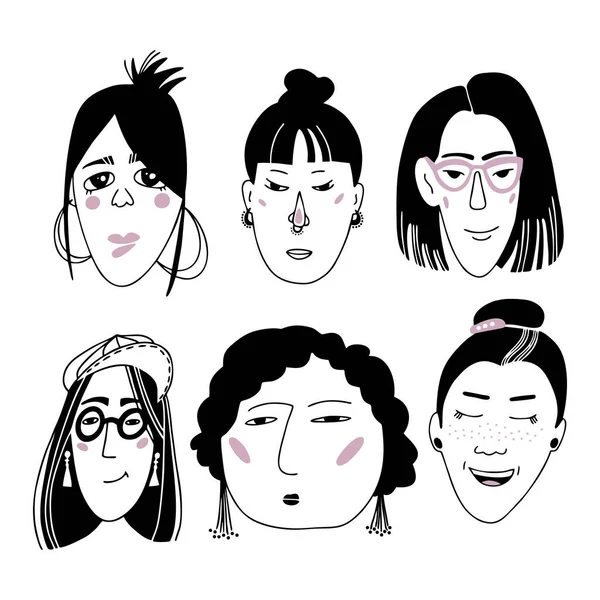 手描きの人間の顔は漫画風に落書きします。面白いキャラクターだ。女性、少女、母親、老婦人 — ストックベクタ