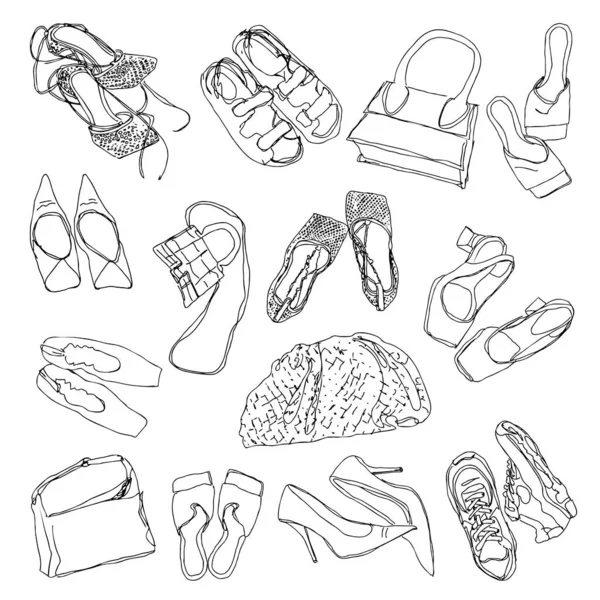 Women things: high heel shoes, ladies handbag, espadrille shoes, trainer shoes — Stockvektor