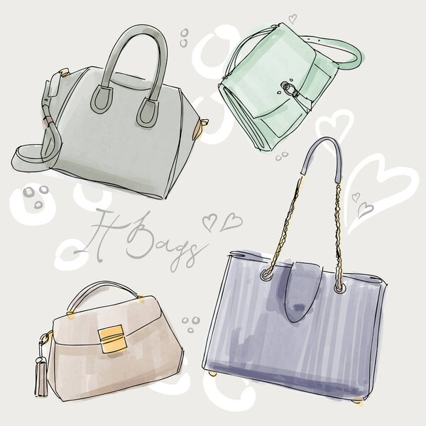Set of Colorful fashion womens handbags. Vintage style. Hand drawn doodle fashion accessories. Fashion illustration