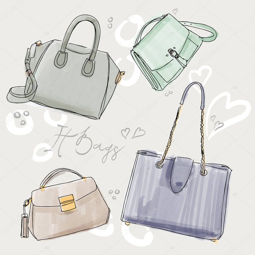 Set of Colorful fashion womens handbags. Vintage style. Hand drawn doodle fashion accessories. Fashion illustration