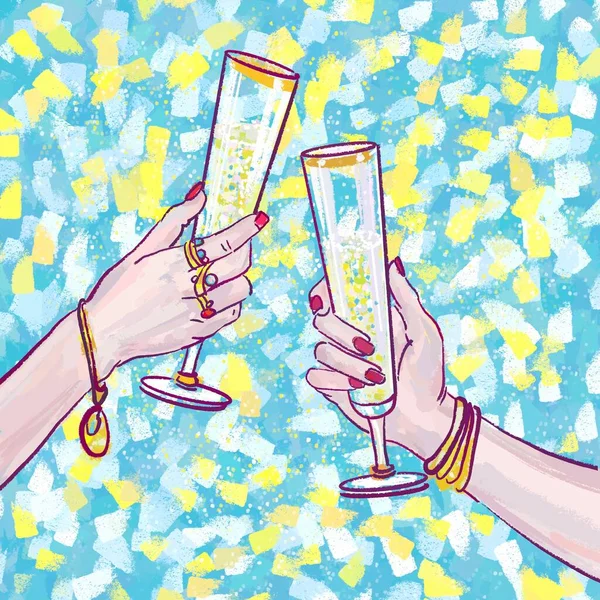 People clinking glasses of champagne on blurred background, closeup