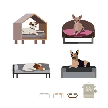 Düz bir şekilde çizilmiş bir dizi küçük köpek portresi. Çizgi film tarzında vektör illüstrasyonu