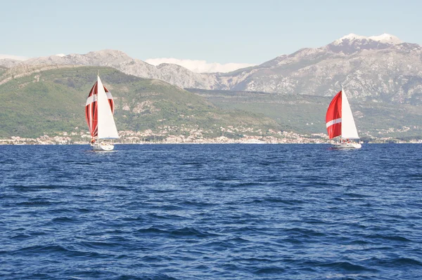 Yachts on the background of the mountain shore. — Stock Photo, Image