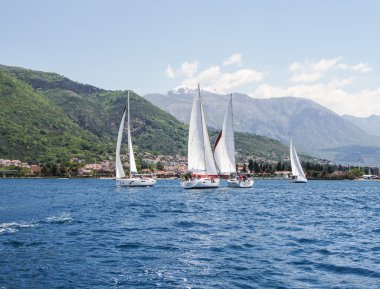 Dağların arka planında dört yat.