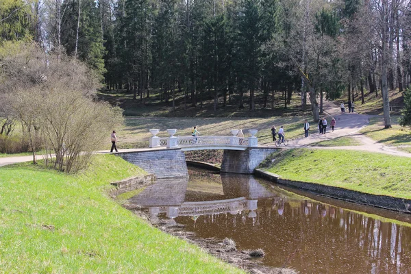 Pessoas no parque perto da ponte . — Fotografia de Stock