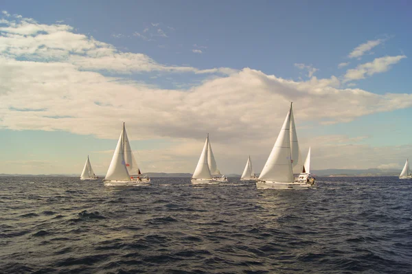 Yacht under sail are one course — Stock Photo, Image