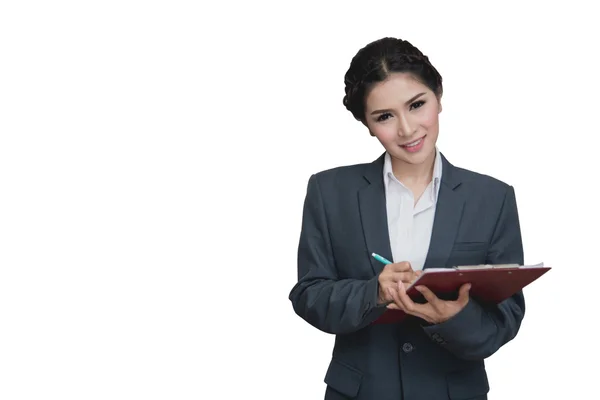 Mujer de negocios con pluma y documento en mano aislado sobre fondo blanco — Foto de Stock