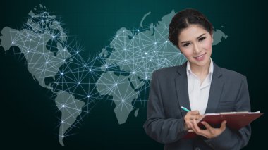 iş kadını görsel dünya harita ekran arka planı, iş kavramı ile