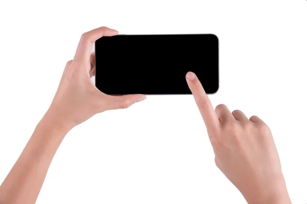 Kobieta rękę trzymając tablet telefon na białym tle — Zdjęcie stockowe