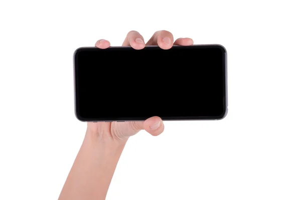 女人手拿着手机平板分离在白色背景上 — 图库照片