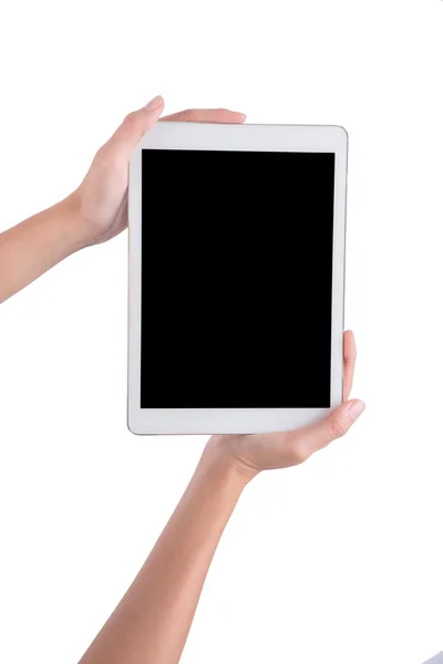 Жінка рука тримає телефонний планшет ізольовано на білому тлі — стокове фото