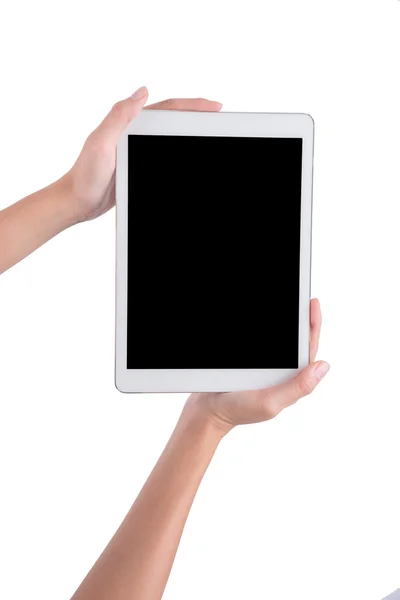 Mão mulher segurando o tablet telefone isolado no fundo branco — Fotografia de Stock