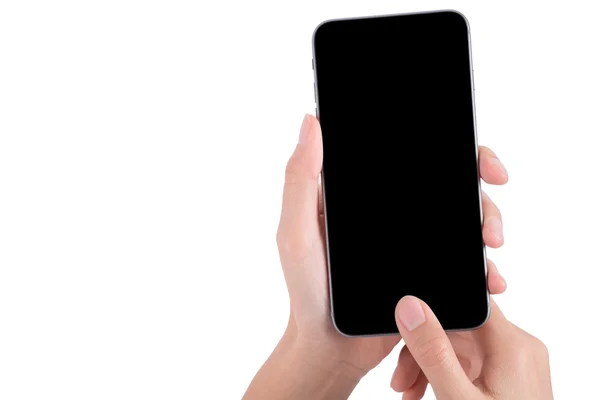 Mão mulher segurando o tablet telefone isolado no fundo branco — Fotografia de Stock