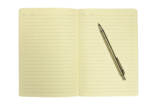 Tom anteckningsbok och penna isolerad på vit bakgrund — Stockfoto