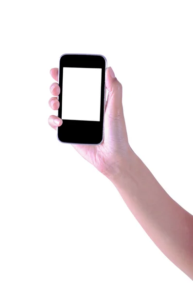 Mujer mano sosteniendo la tableta del teléfono aislado sobre fondo blanco —  Fotos de Stock