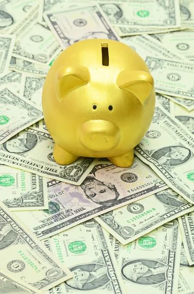 Gold Piggy Bank на фоне долларовых денег — стоковое фото