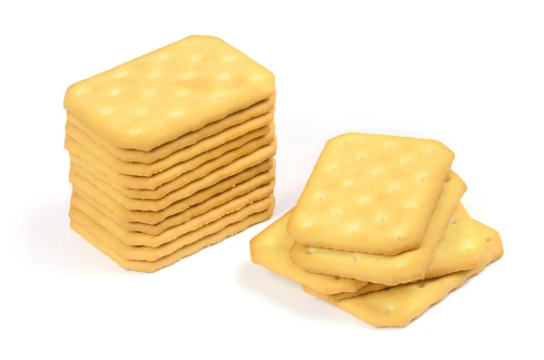 Słone krakersy w kwadratowy kształt na białym tle — Zdjęcie stockowe