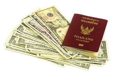 Tayland pasaportu ve beyaz arka plan üzerinde dolar para rulo