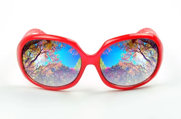Rode zonnebril met een weerspiegeling van een prachtig landschap — Stockfoto