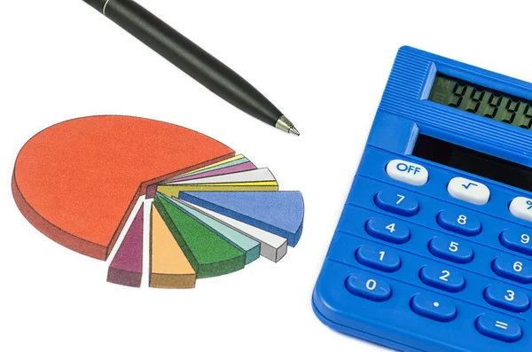 Calculatrice, stylo et graphique, analyse d'entreprise — Photo