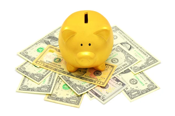 Piggy bank on dollars money isolated on white background — Stock Photo, Image