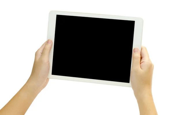 Mão mulher segurando o tablet telefone isolado no fundo branco — Fotografia de Stock