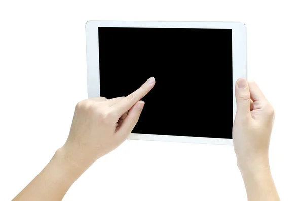 Kvinnan handen håller telefonen tabletten isolerad på vit bakgrund — Stockfoto