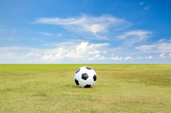 Soccer ball on green grass field under blue sky — Stock Photo, Image