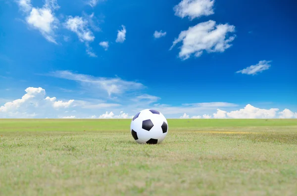 Soccer ball on green grass field under blue sky — Stock Photo, Image