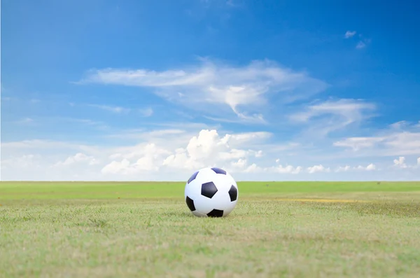 Soccer ball on green grass field under blue sky — Stock Photo, Image
