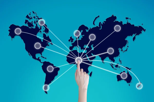 Women hand touch to connect the world — Stock Photo, Image