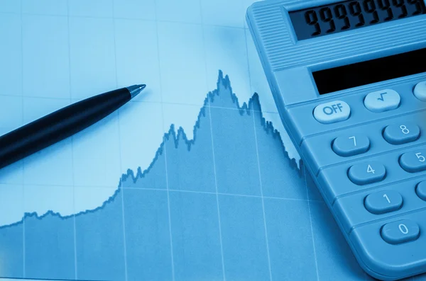 Calculator , pen and graph , business analysis — Stock Photo, Image