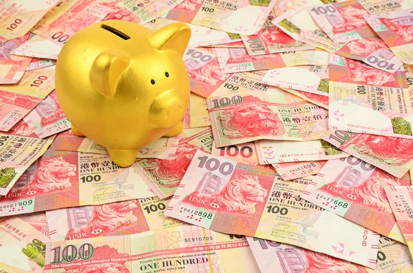 Gold Piggy bank on money background — Stock Photo, Image