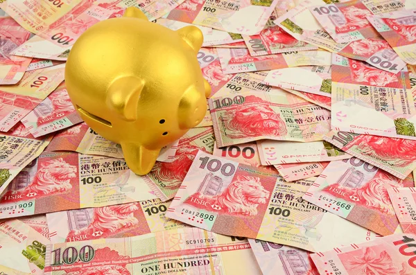 Gold Piggy bank on money background — Stock Photo, Image