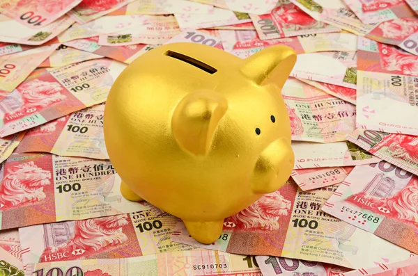 Gold Piggy bank on money background — Stock Photo, Image