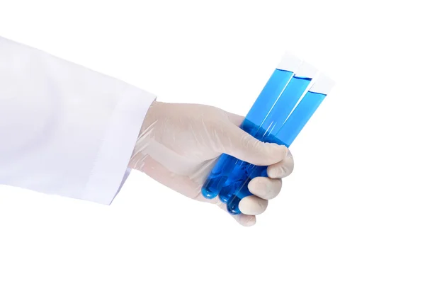 Cientista mão segurando tubo de ensaio isolado no fundo branco — Fotografia de Stock